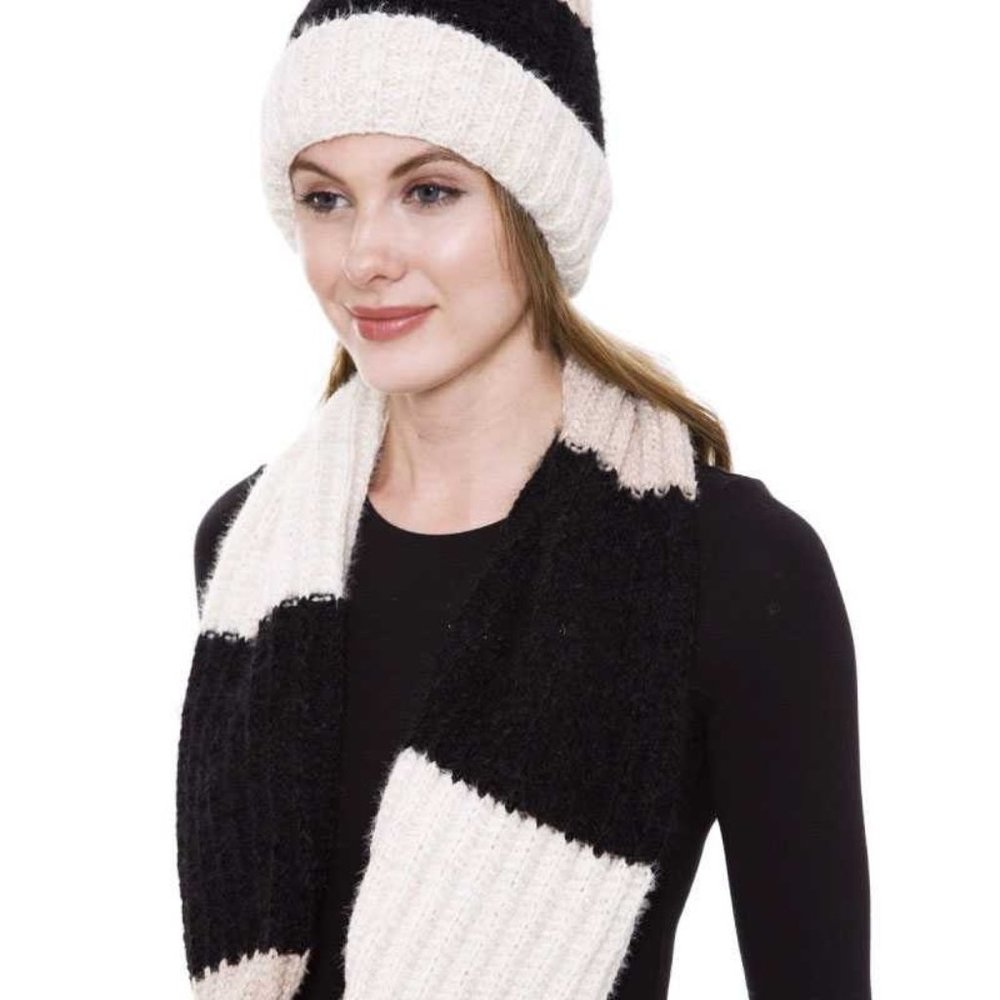 Stripe Pattern Infinity Scarf And Knit Hat Set